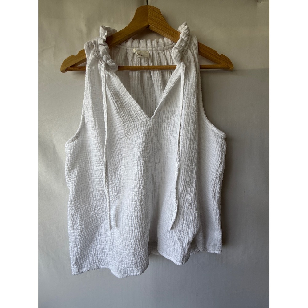 Joie White Cotton Double Gauze Ruffle Tie Neck Sleeveless Blouse XL - Picture 2 of 6